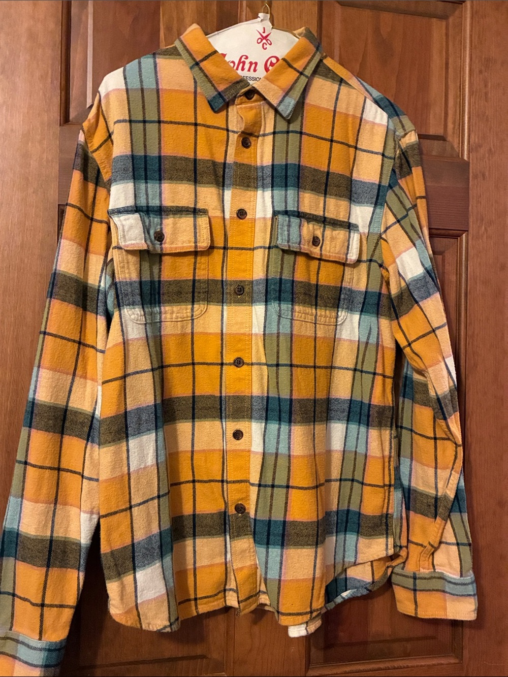 Old Navy Yellow and Teal Plaid Flannel Button-Down Shirt